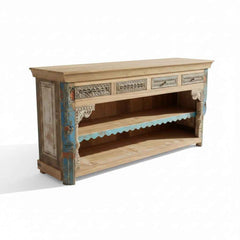 KB ART KB ART Open Shelf Wooden Sideboard Scalloped Blue Trim – Handcrafted Premium Solid Wood Jodhpur Rajasthani Decor – Handcrafted Boho Jodhpur Home Decor