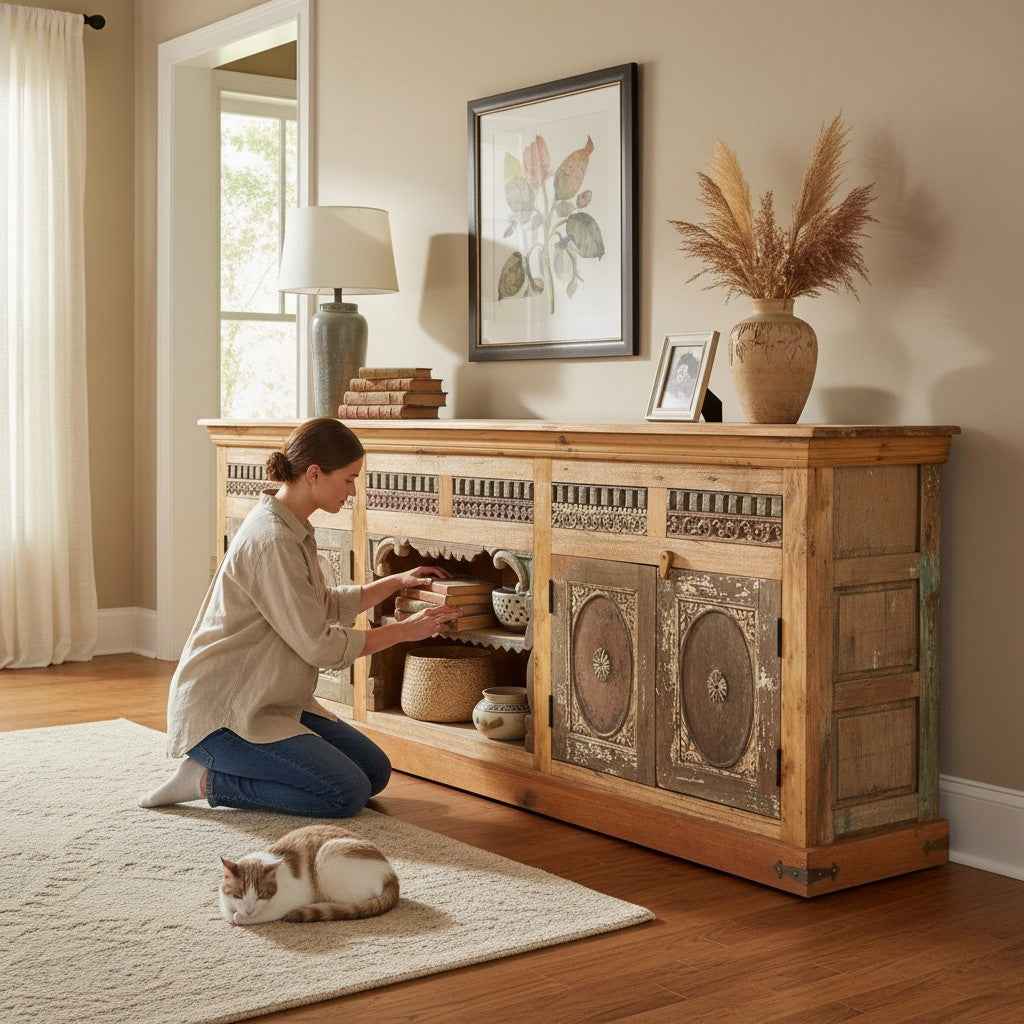 KB ART KB ART Antique Carved Wooden Credenza Center Shelves – Handcrafted Premium Solid Wood Jodhpur Rajasthani Decor – Handcrafted Boho Jodhpur Home Decor