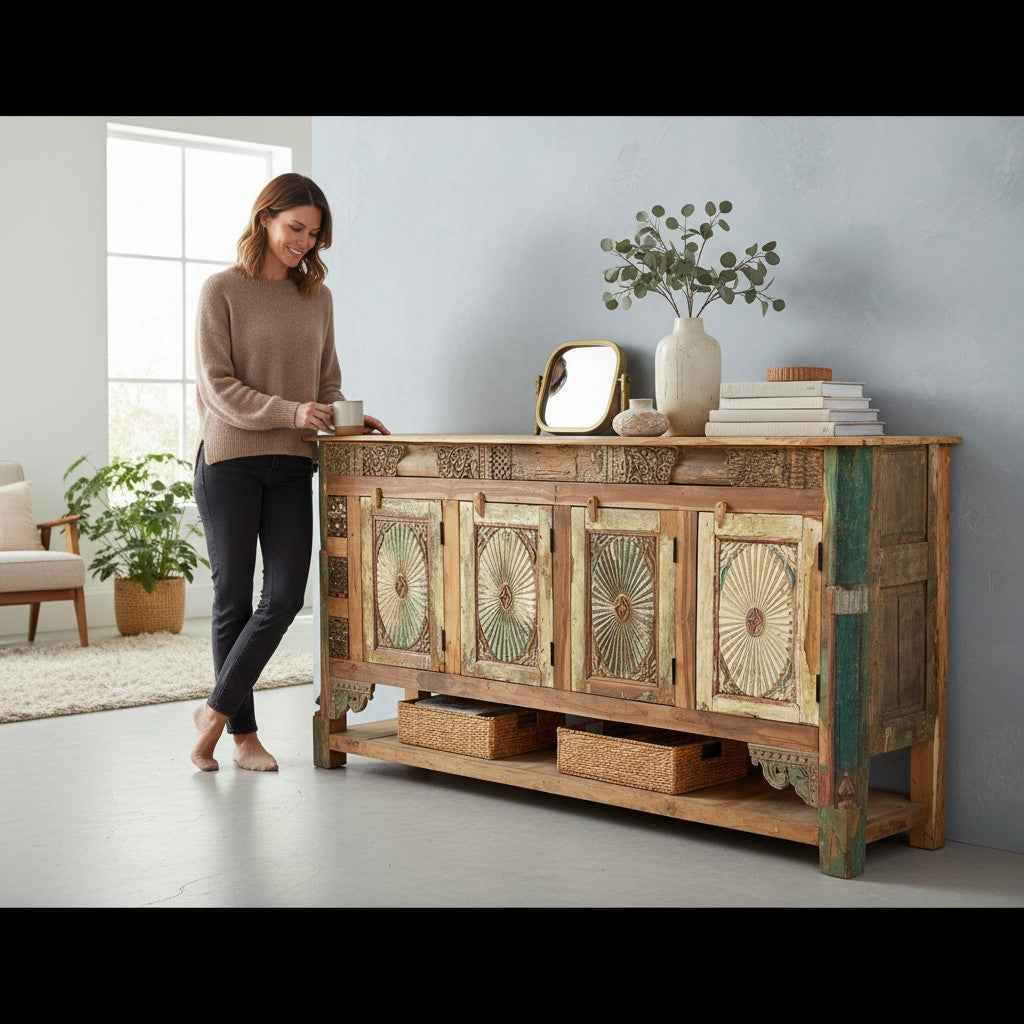 KB ART KB ART Sunburst Carved Wooden Credenza Bottom Shelf – Handcrafted Premium Solid Wood Jodhpur Rajasthani Decor – Handcrafted Boho Jodhpur Home Decor