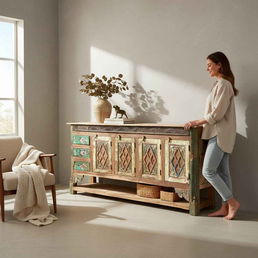 KB ART KB ART Diamond Carved Wooden Sideboard Drawers Shelf – Handcrafted Premium Solid Wood Jodhpur Rajasthani Decor – Handcrafted Boho Jodhpur Home Decor