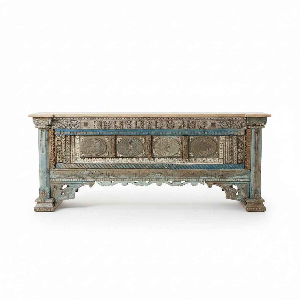KB ART KB ART Traditional Sunburst Carved Blue Architectural Console – Handcrafted Premium Solid Wood Jodhpur Rajasthani Decor – Handcrafted Boho Jodhpur Home Decor