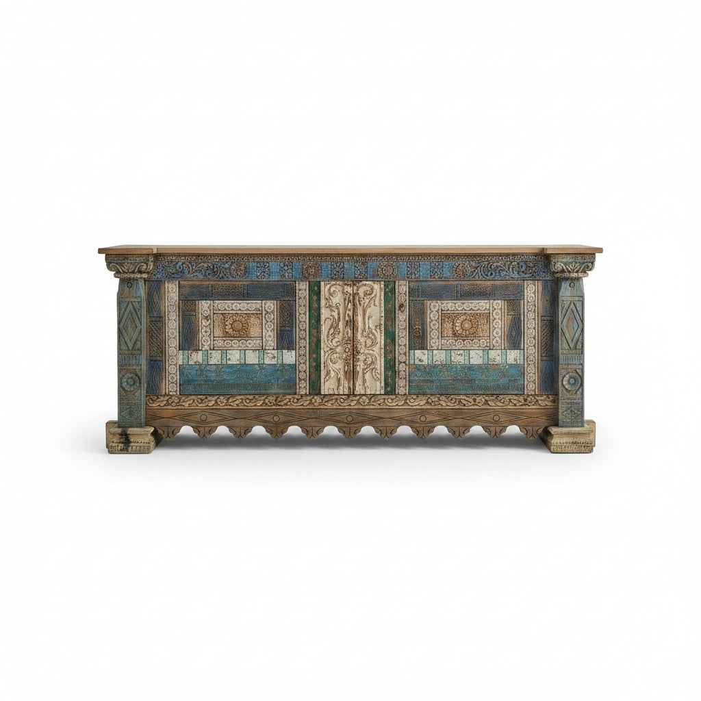 KB ART KB ART Distressed Blue Patchwork Carved Wooden Credenza – Handcrafted Premium Solid Wood Jodhpur Rajasthani Decor – Handcrafted Boho Jodhpur Home Decor