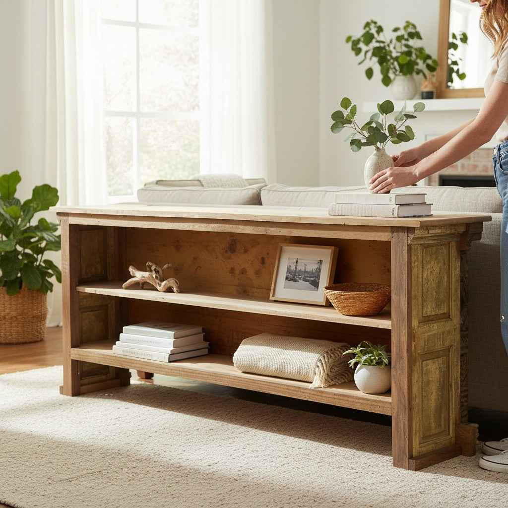 KB ART KB ART Minimalist Natural Wood Two Tier Console Table – Handcrafted Premium Solid Wood Jodhpur Rajasthani Decor – Handcrafted Boho Jodhpur Home Decor