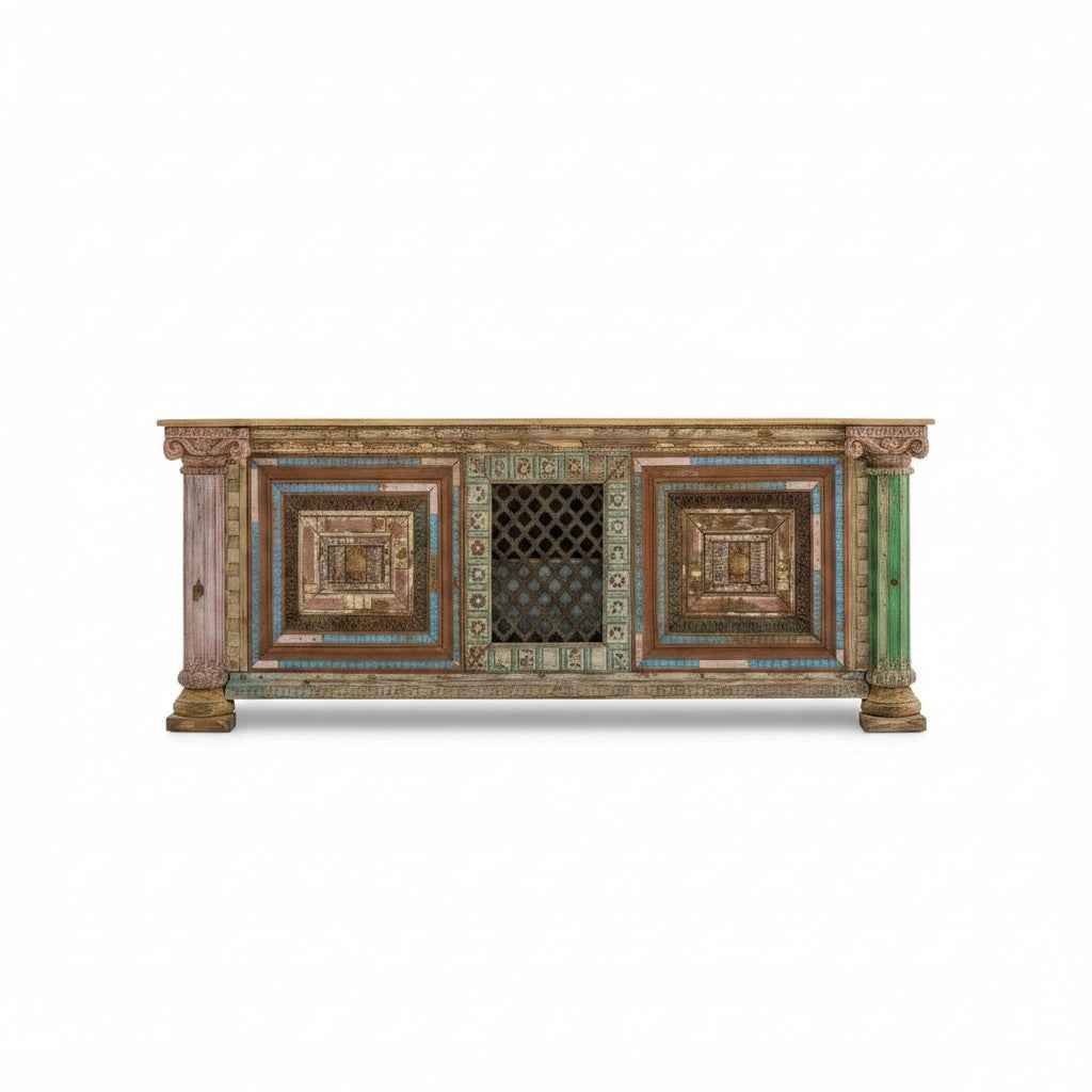 KB ART KB ART Boho Mosaic Carved Pillar Wooden Credenza – Handcrafted Premium Solid Wood Jodhpur Rajasthani Decor – Handcrafted Boho Jodhpur Home Decor