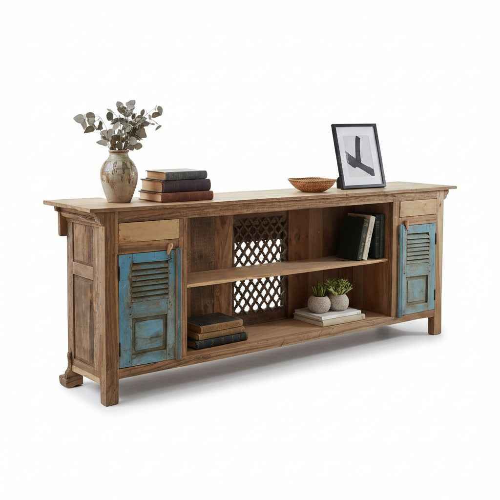 KB ART KB ART Reclaimed Wood TV Unit Blue Shutter Doors – Handcrafted Reclaimed Solid Wood Jodhpur Rajasthani Decor – Handcrafted Boho Jodhpur Home Decor