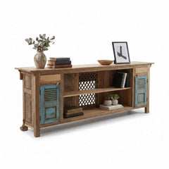 KB ART KB ART Reclaimed Wood TV Unit Blue Shutter Doors – Handcrafted Reclaimed Solid Wood Jodhpur Rajasthani Decor – Handcrafted Boho Jodhpur Home Decor
