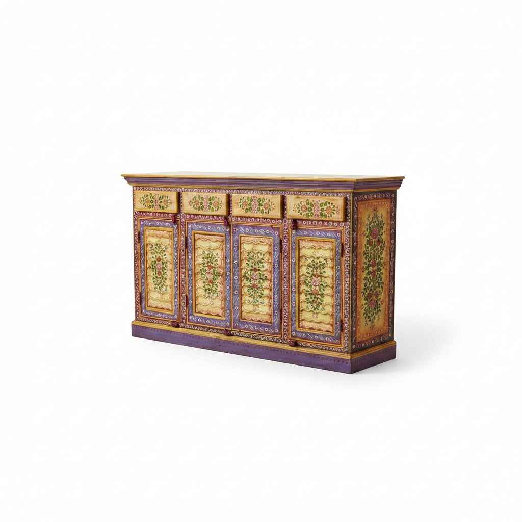 KB ART KB ART Hand Painted Floral Pichwai Purple Sideboard – Handcrafted Premium Solid Wood Jodhpur Rajasthani Decor – Handcrafted Boho Jodhpur Home Decor