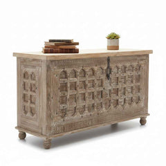 KB ART KB ART Bleached Carved Wooden Storage Trunk Chest – Handcrafted Premium Solid Wood Jodhpur Rajasthani Decor – Handcrafted Boho Jodhpur Home Decor