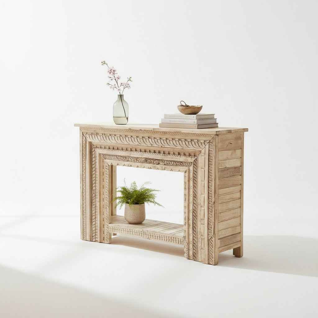 KB ART KB ART Bleached Carved Wooden Fireplace Mantel Console – Handcrafted Premium Solid Wood Jodhpur Rajasthani Decor – Handcrafted Boho Jodhpur Home Decor
