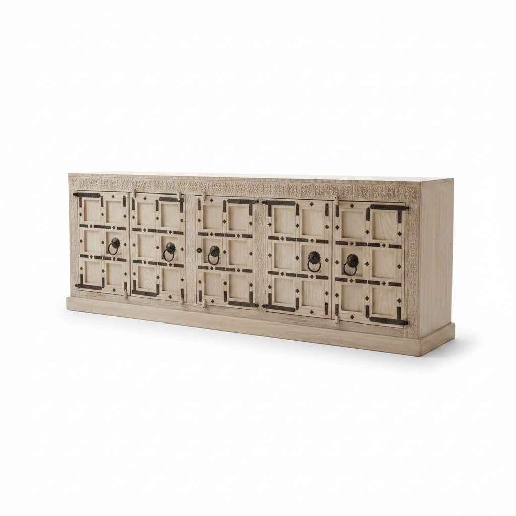 KB ART KB ART Whitewashed Iron Clad Wooden Credenza Cabinet – Handcrafted Wood & Wrought Iron Jodhpur Rajasthani Decor – Handcrafted Boho Jodhpur Home Decor