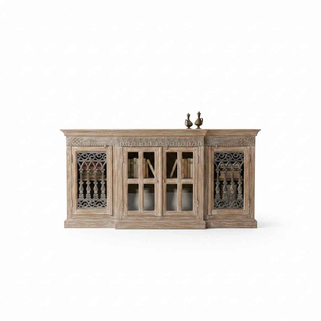 KB ART KB ART Bleached Wooden Credenza Wrought Iron Jali Doors – Handcrafted Wood & Wrought Iron Jodhpur Rajasthani Decor – Handcrafted Boho Jodhpur Home Decor