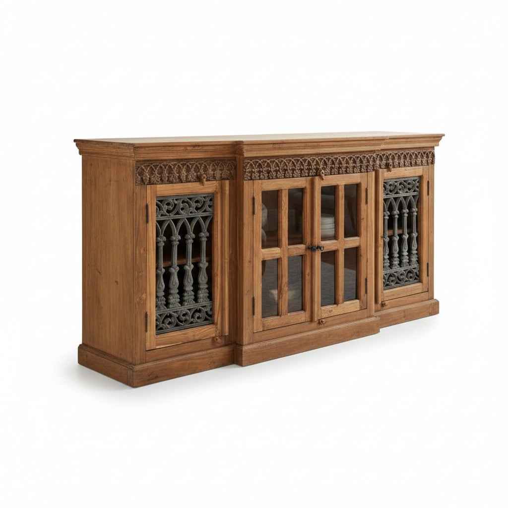 KB ART KB ART Natural Teak Sideboard Arched Iron Glass Doors – Handcrafted Solid Teak Wood Jodhpur Rajasthani Decor – Handcrafted Boho Jodhpur Home Decor