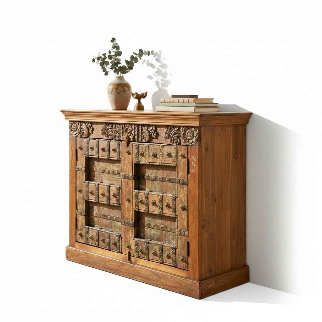 KB ART KB ART Antique Brass Studded Teak Door Cabinet – Handcrafted Solid Teak Wood Jodhpur Rajasthani Decor – Handcrafted Boho Jodhpur Home Decor