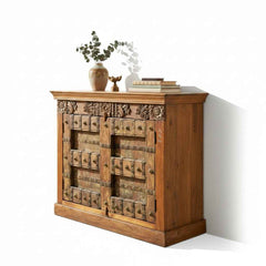 KB ART KB ART Antique Brass Studded Teak Door Cabinet – Handcrafted Solid Teak Wood Jodhpur Rajasthani Decor – Handcrafted Boho Jodhpur Home Decor