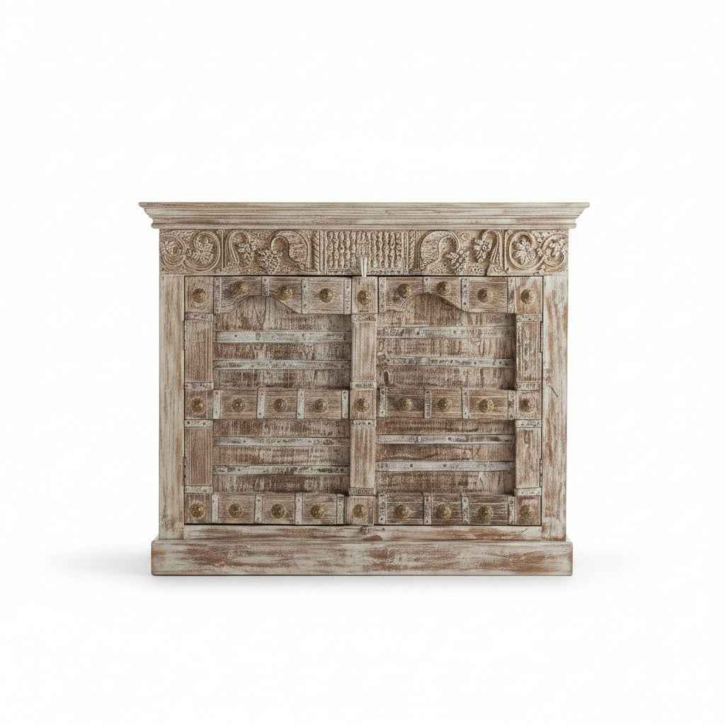 KB ART KB ART Whitewashed Brass Studded Indian Door Sideboard – Handcrafted Solid Wood with Brass Accents Jodhpur Rajasthani Decor – Handcrafted Boho Jodhpur Home Decor