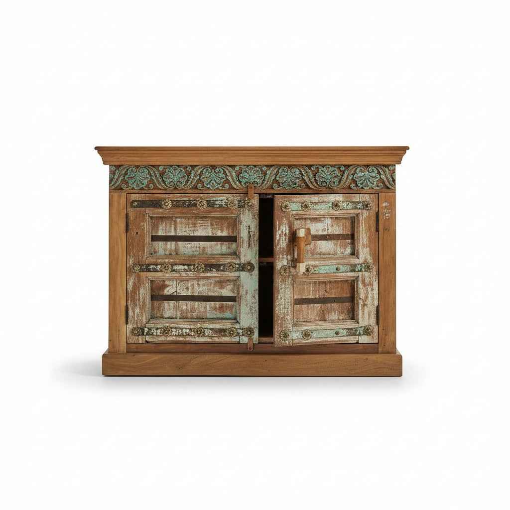 KB ART KB ART Carved Teal Crown Reclaimed Wood Side Cabinet – Handcrafted Reclaimed Solid Wood Jodhpur Rajasthani Decor – Handcrafted Boho Jodhpur Home Decor