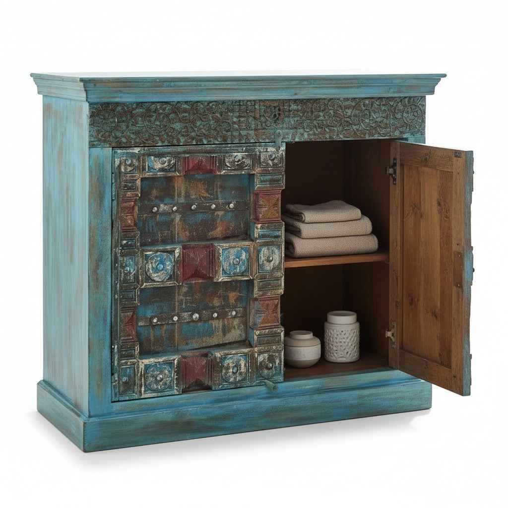 KB ART KB ART Distressed Blue Haveli Door Accent Cabinet – Handcrafted Premium Solid Wood Jodhpur Rajasthani Decor – Handcrafted Boho Jodhpur Home Decor