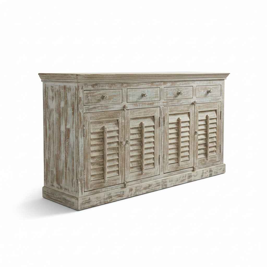 KB ART KB ART Distressed White Shutter Door Wooden Credenza – Handcrafted Premium Solid Wood Jodhpur Rajasthani Decor – Handcrafted Boho Jodhpur Home Decor