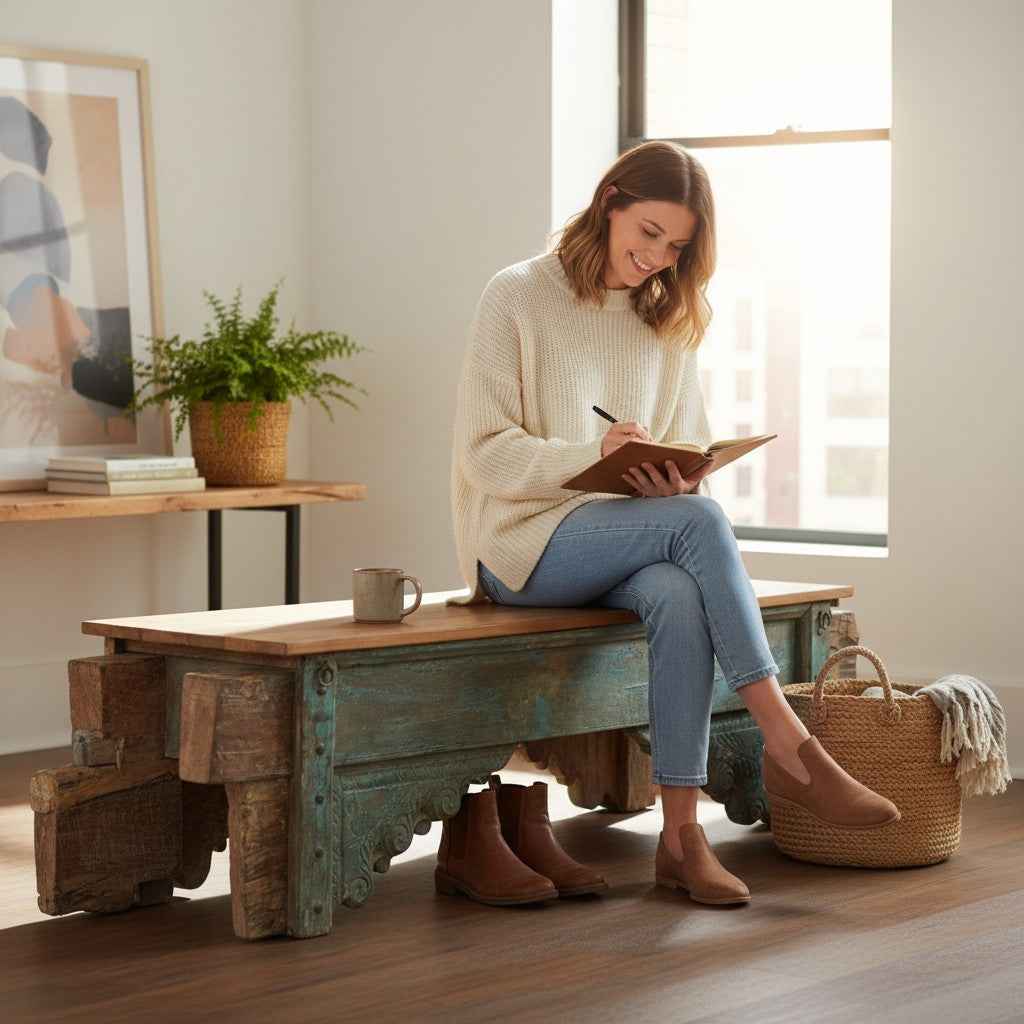 KB ART KB ART Distressed Teal Carved Temple Bracket Bench – Handcrafted Premium Solid Wood Jodhpur Rajasthani Decor – Handcrafted Boho Jodhpur Home Decor