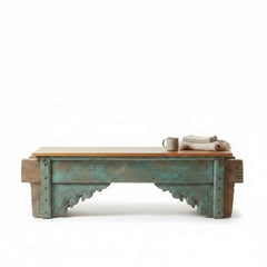 KB ART KB ART Distressed Teal Carved Temple Bracket Bench – Handcrafted Premium Solid Wood Jodhpur Rajasthani Decor – Handcrafted Boho Jodhpur Home Decor