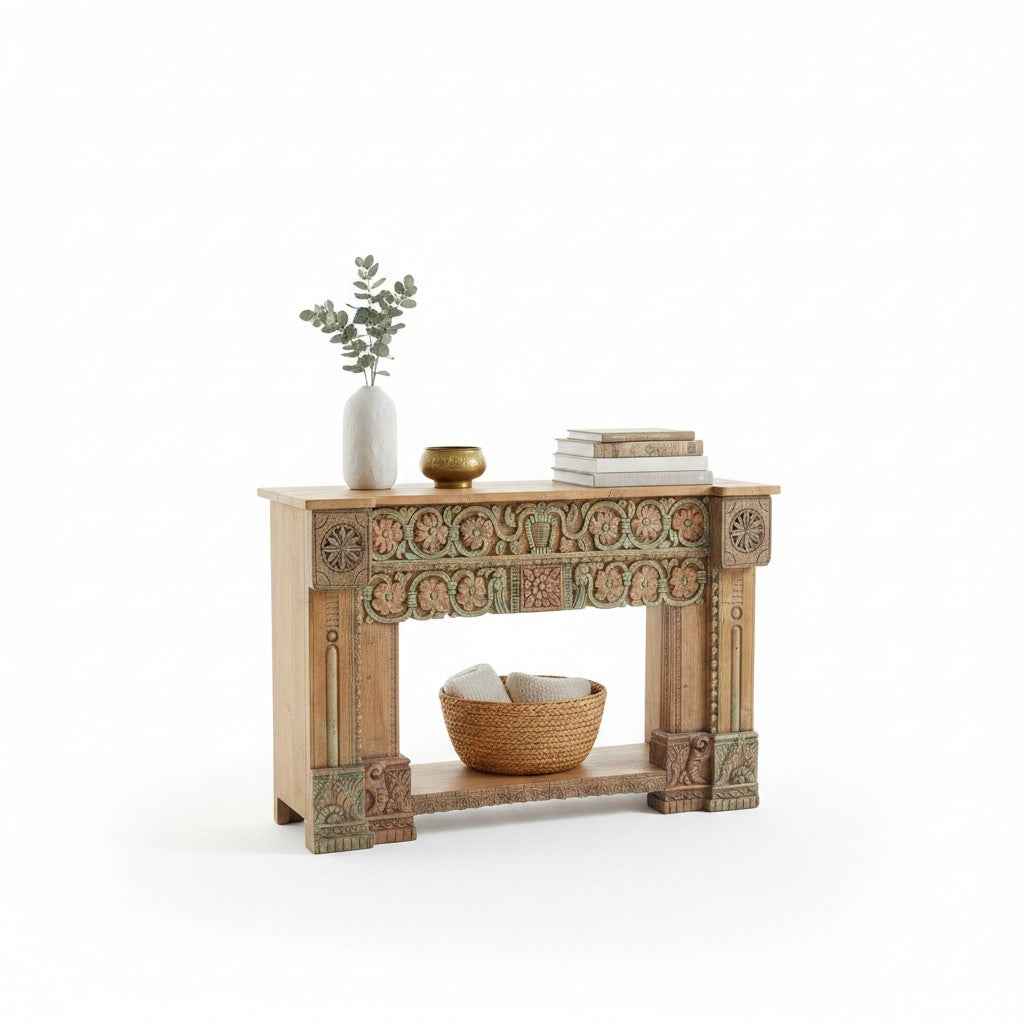 KB ART KB ART Pastel Floral Carved Wooden Fireplace Mantel – Handcrafted Premium Solid Wood Jodhpur Rajasthani Decor – Handcrafted Boho Jodhpur Home Decor