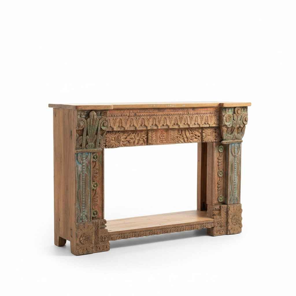 KB ART KB ART Rustic Carved Wooden Fireplace Mantel Console – Handcrafted Premium Solid Wood Jodhpur Rajasthani Decor – Handcrafted Boho Jodhpur Home Decor