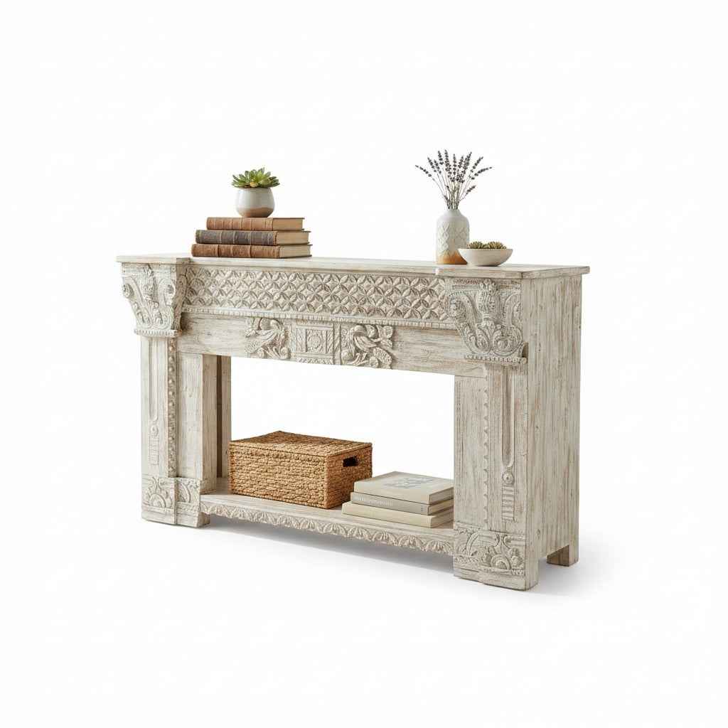 KB ART Whitewashed Carved Wooden Mantel Console Table TV Cabinet – Handcrafted Rajasthani Jodhpur Home Decor