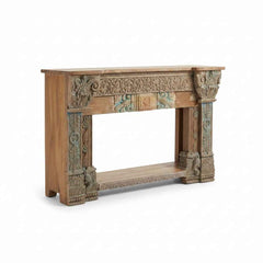 KB ART KB ART Antique Patina Carved Wooden Fireplace TV Console – Handcrafted Premium Solid Wood Jodhpur Rajasthani Decor – Handcrafted Boho Jodhpur Home Decor