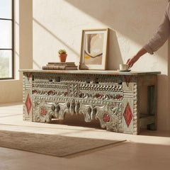 KB ART KB ART Distressed Teal Carved Arch Bench TV Console – Handcrafted Premium Solid Wood Jodhpur Rajasthani Decor – Handcrafted Boho Jodhpur Home Decor