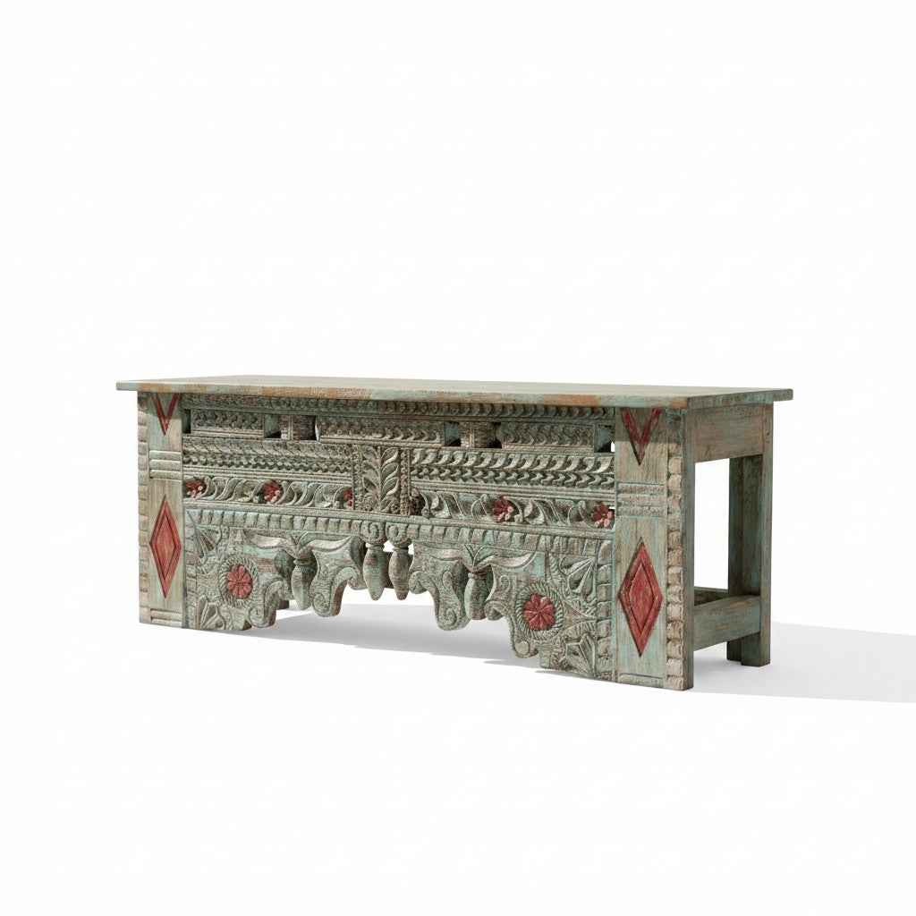 KB ART KB ART Distressed Teal Carved Arch Bench TV Console – Handcrafted Premium Solid Wood Jodhpur Rajasthani Decor – Handcrafted Boho Jodhpur Home Decor