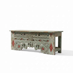 KB ART KB ART Distressed Teal Carved Arch Bench TV Console – Handcrafted Premium Solid Wood Jodhpur Rajasthani Decor – Handcrafted Boho Jodhpur Home Decor