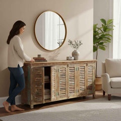 KB ART KB ART Distressed Wood Louvered Shutter Sideboard – Handcrafted Premium Solid Wood Jodhpur Rajasthani Decor – Handcrafted Boho Jodhpur Home Decor