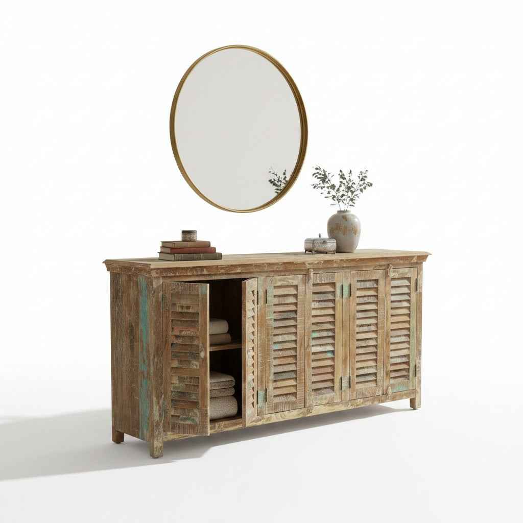 KB ART KB ART Distressed Wood Louvered Shutter Sideboard – Handcrafted Premium Solid Wood Jodhpur Rajasthani Decor – Handcrafted Boho Jodhpur Home Decor