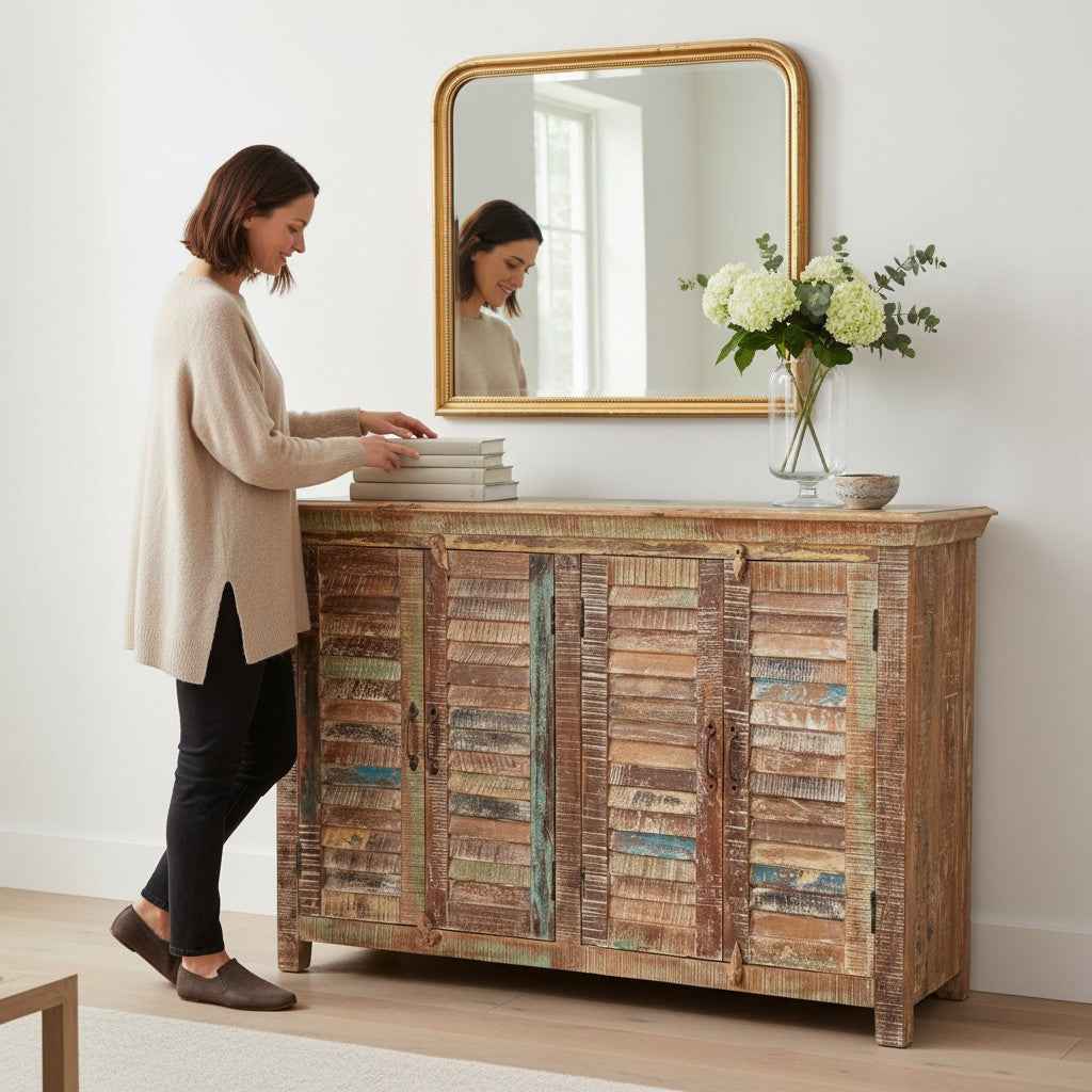 KB ART KB ART Reclaimed Wood Shutter Door Credenza Cabinet – Handcrafted Reclaimed Solid Wood Jodhpur Rajasthani Decor – Handcrafted Boho Jodhpur Home Decor