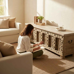 KB ART KB ART Whitewashed Indian Door Panel Storage Trunk – Handcrafted Premium Solid Wood Jodhpur Rajasthani Decor – Handcrafted Boho Jodhpur Home Decor