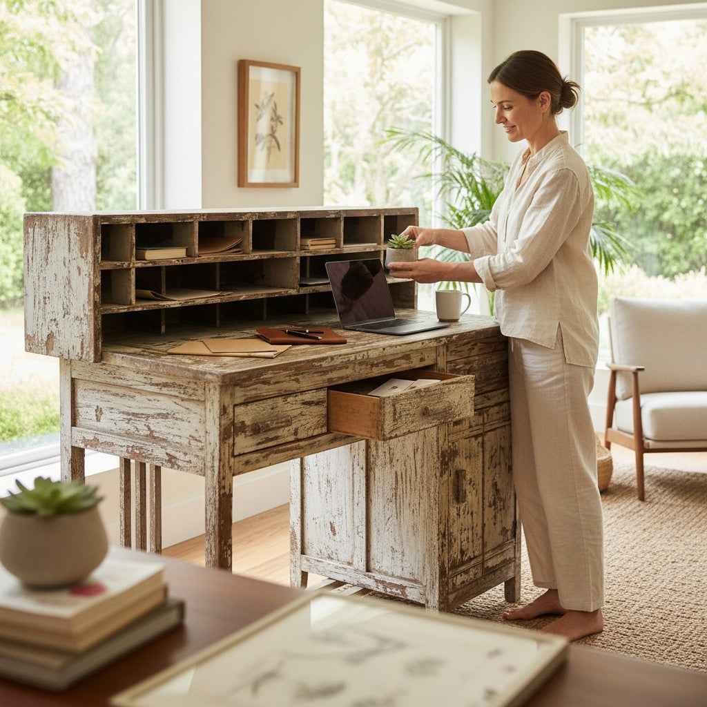 KB ART KB ART Distressed Rustic Writing Desk Cubby Hutch – Handcrafted Premium Solid Wood Jodhpur Rajasthani Decor – Handcrafted Boho Jodhpur Home Decor