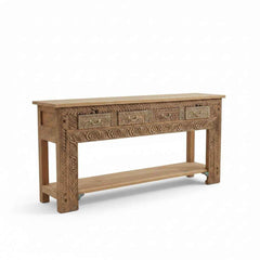 KB ART Hand Carved Solid Wood 4 Drawer Console Table – Handcrafted Rajasthani Jodhpur Home Decor
