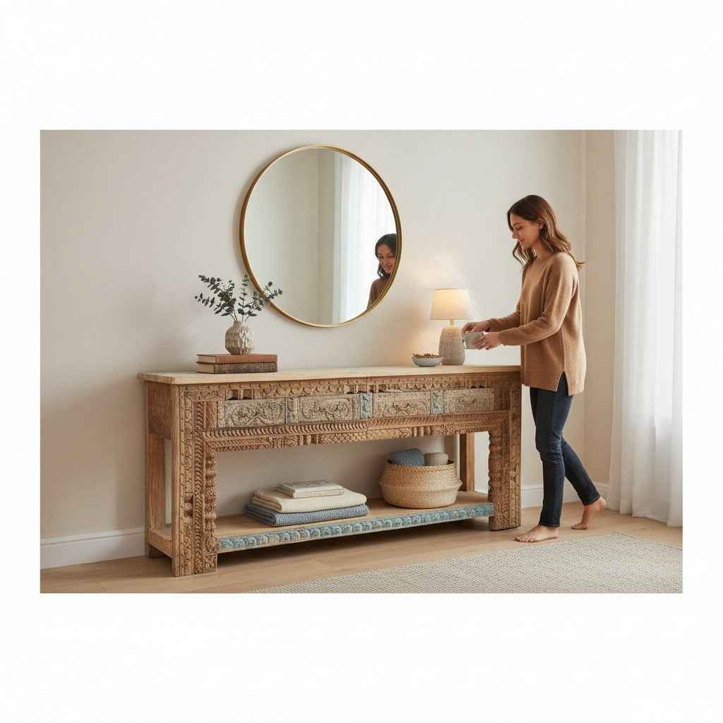 KB ART KB ART Ornate Carved Entryway Console Table Shelf – Handcrafted Premium Solid Wood Jodhpur Rajasthani Decor – Handcrafted Boho Jodhpur Home Decor