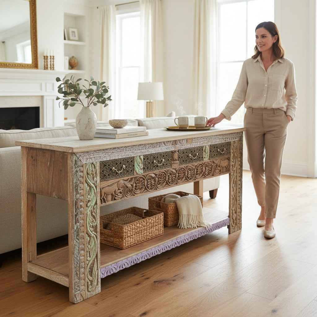 KB ART KB ART Carved Motif Wooden TV Console Table – Handcrafted Premium Solid Wood Jodhpur Rajasthani Decor – Handcrafted Boho Jodhpur Home Decor