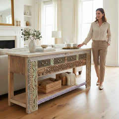 KB ART KB ART Carved Motif Wooden TV Console Table – Handcrafted Premium Solid Wood Jodhpur Rajasthani Decor – Handcrafted Boho Jodhpur Home Decor