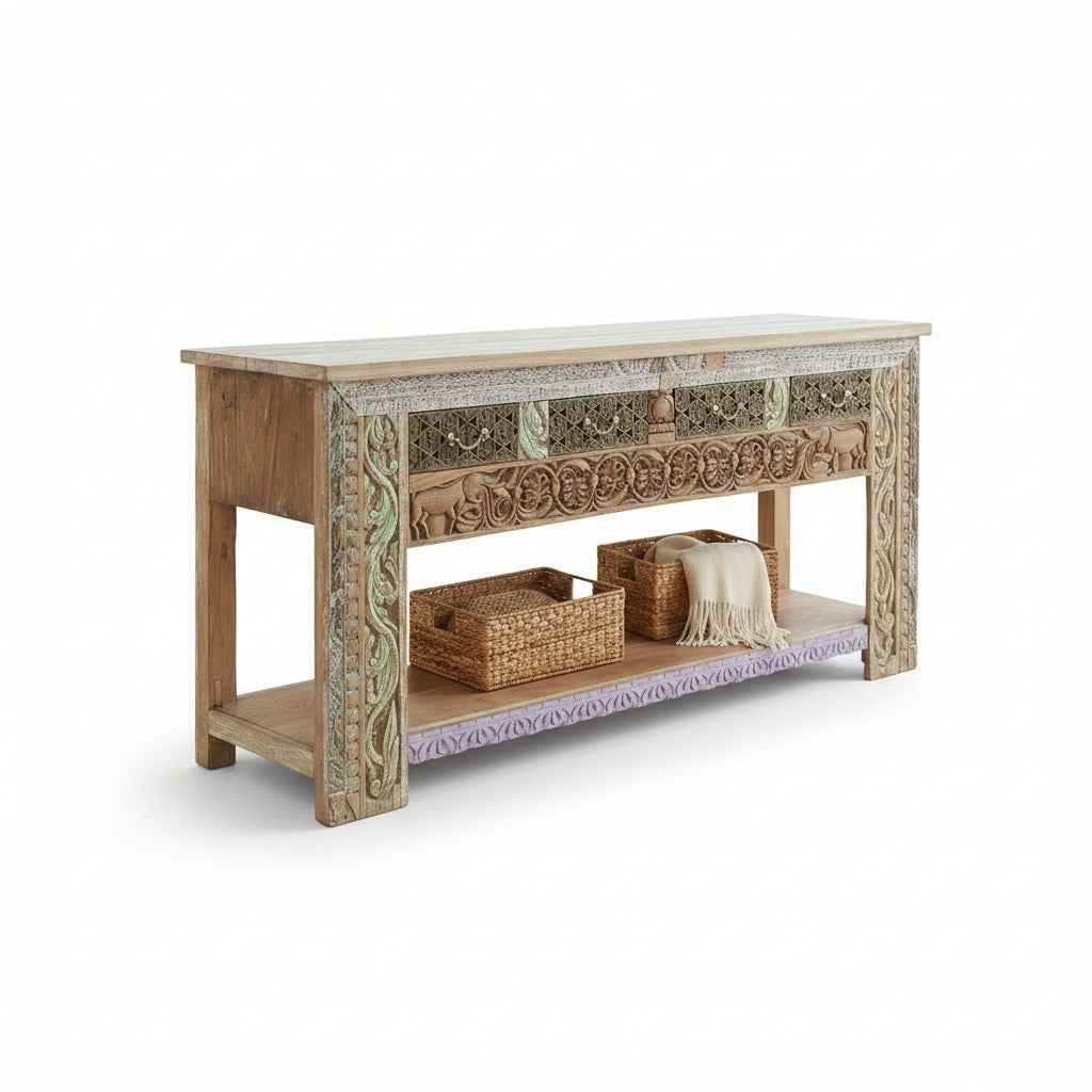 KB ART KB ART Carved Motif Wooden TV Console Table – Handcrafted Premium Solid Wood Jodhpur Rajasthani Decor – Handcrafted Boho Jodhpur Home Decor