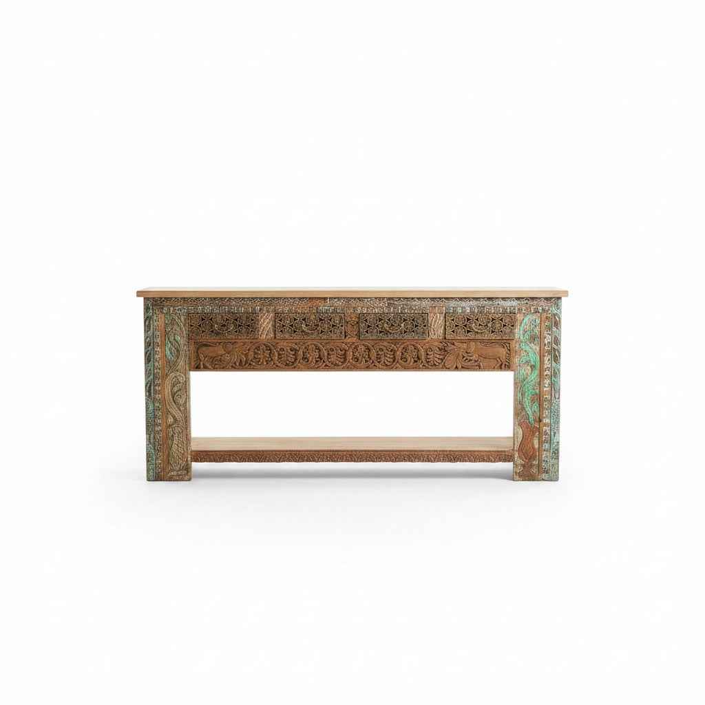 KB ART KB ART Ornate Carved Reclaimed Console Table Drawer – Handcrafted Reclaimed Solid Wood Jodhpur Rajasthani Decor – Handcrafted Boho Jodhpur Home Decor