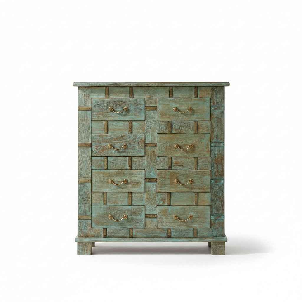 KB ART Distressed Turquoise 8 Drawer Tallboy Dresser – Handcrafted Rajasthani Tallboy Dresser for Home Decor Styling