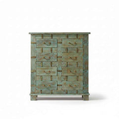 KB ART Distressed Turquoise 8 Drawer Tallboy Dresser – Handcrafted Rajasthani Tallboy Dresser for Home Decor Styling