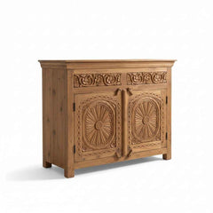 KB ART Solid Teak Sunburst Carved 2 Door Sideboard – Handcrafted Rajasthani Jodhpur Home Decor