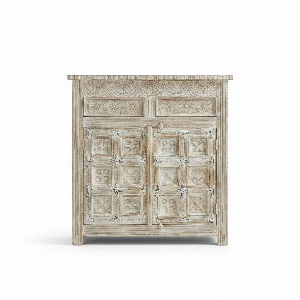 KB ART KB ART Whitewashed Carved Grid Door Accent Cabinet – Handcrafted Premium Solid Wood Jodhpur Rajasthani Decor – Handcrafted Boho Jodhpur Home Decor