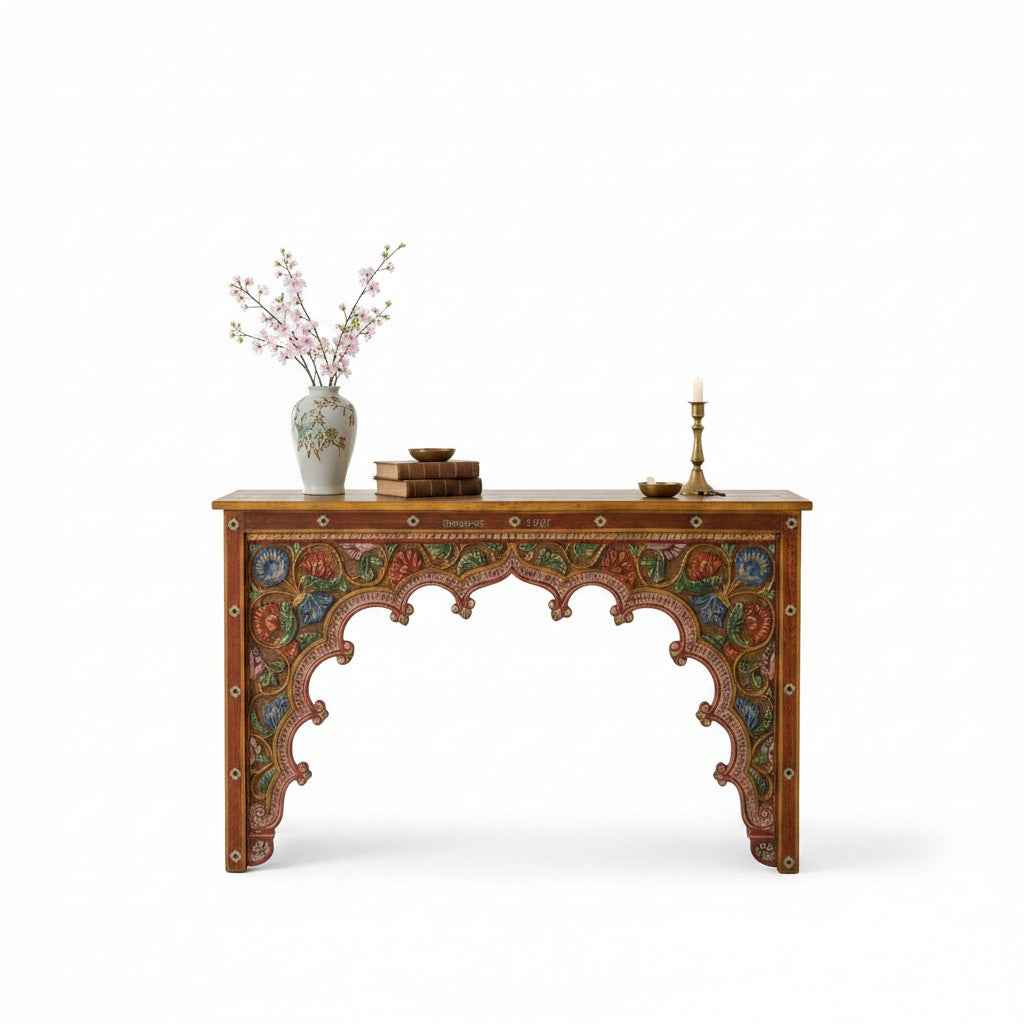 KB ART KB ART Hand Painted Floral Jharokha Arch Console – Handcrafted Premium Solid Wood Jodhpur Rajasthani Decor – Handcrafted Boho Jodhpur Home Decor