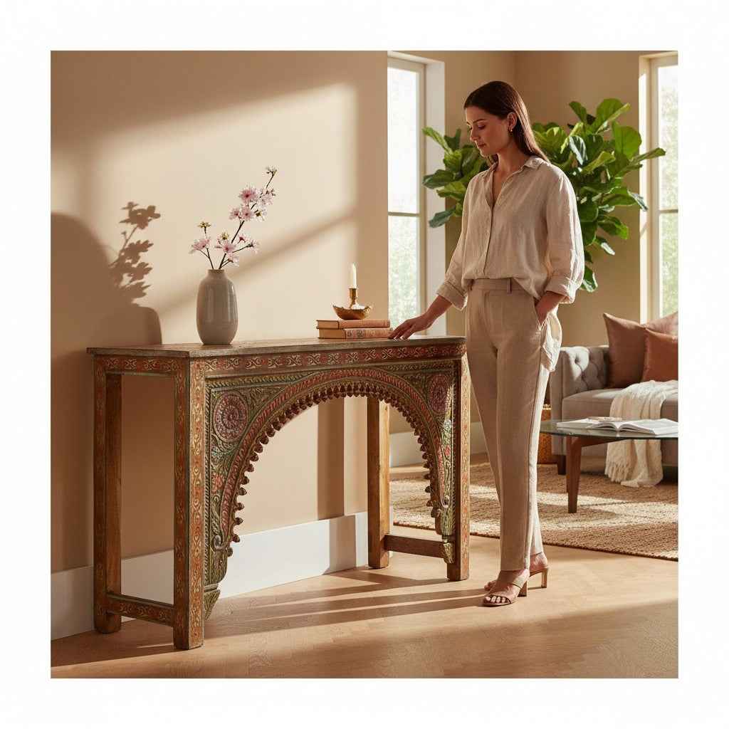 KB ART KB ART Carved Floral Arch Entryway Console Table – Handcrafted Premium Solid Wood Jodhpur Rajasthani Decor – Handcrafted Boho Jodhpur Home Decor