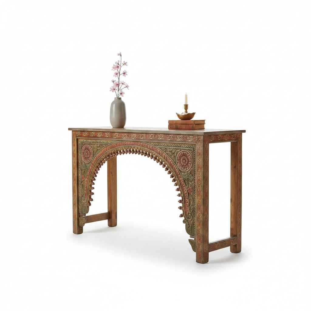 KB ART KB ART Carved Floral Arch Entryway Console Table – Handcrafted Premium Solid Wood Jodhpur Rajasthani Decor – Handcrafted Boho Jodhpur Home Decor