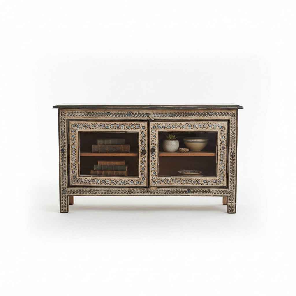 KB ART KB ART Hand Painted Floral Glass Door Accent Cabinet – Handcrafted Premium Solid Wood Jodhpur Rajasthani Decor – Handcrafted Boho Jodhpur Home Decor